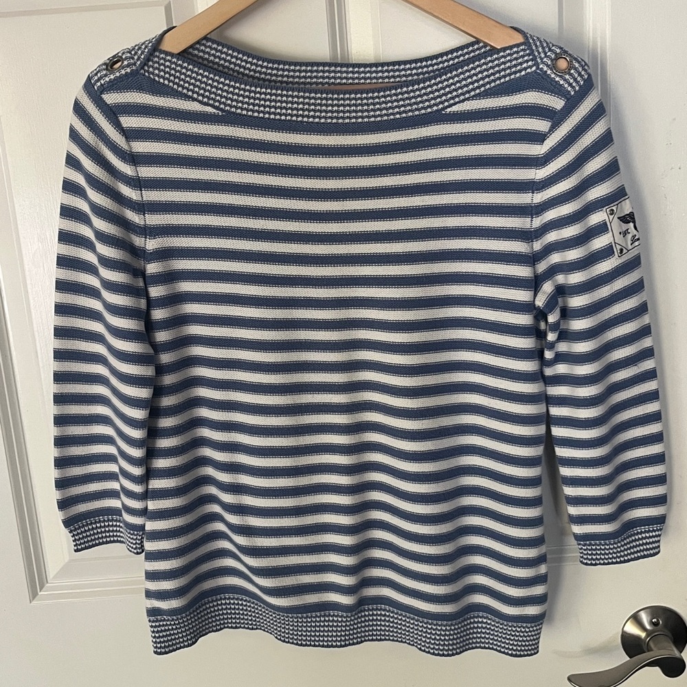 Lauren RL Nautical Striped Boat neck Sweater with Logo Patch 3/4 sleeve sz med